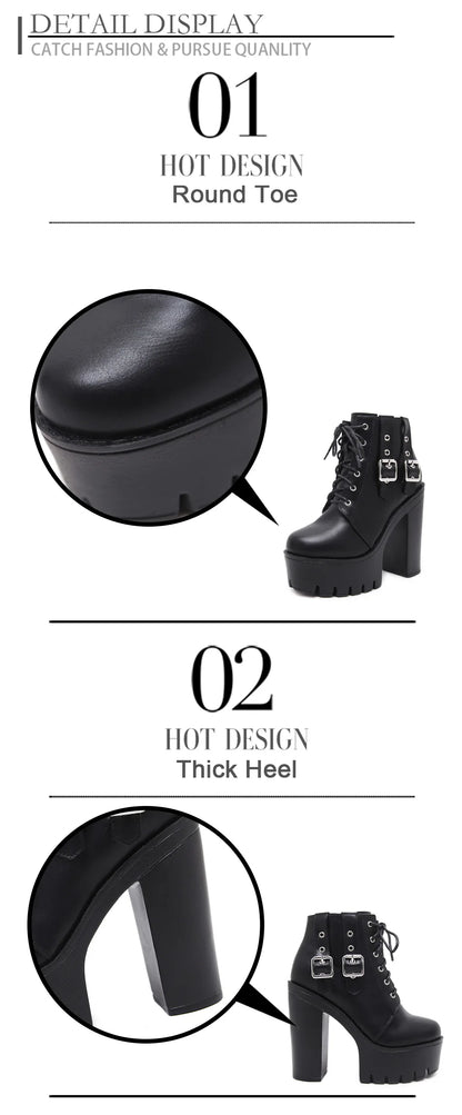 Gdgydh Goth Heeled Boots for Women Nightclub High Platform Heels Shoes Fashion Belt Buckle Short Boots with Zipper