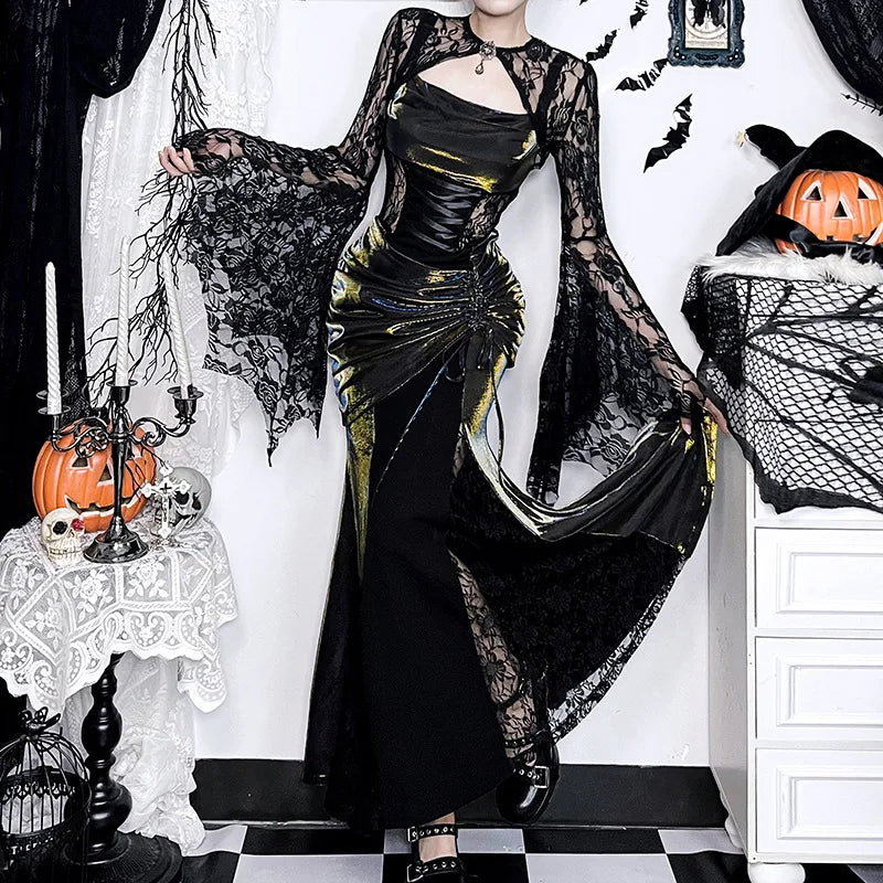 Dark Black Goth Vintage Flared Sleeve Lace Shoulder Cover