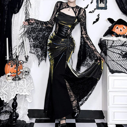 Dark Black Goth Vintage Flared Sleeve Lace Shoulder Cover