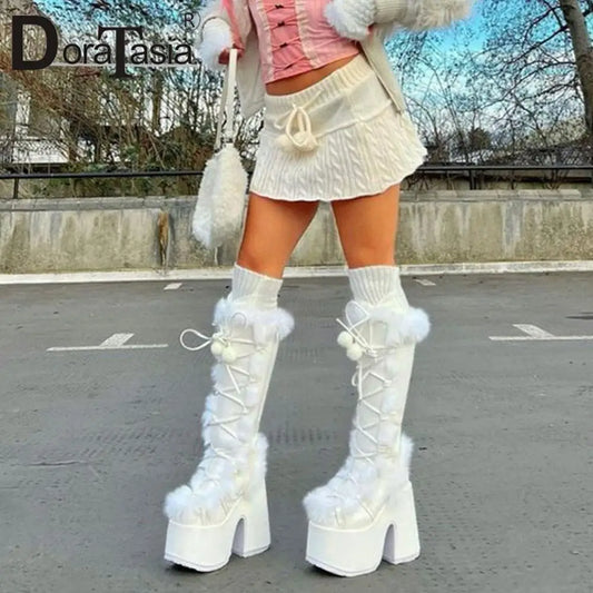 Ladies Goth Platform Boots Fashion Zip Faux Fur Chunky High Heels women's Boots Party Street Autumn Winter Woman Shoes