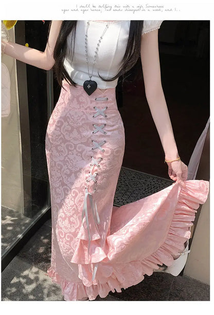 Gothic Long Skirt Punk Fishtail Tied Waist Printed Half Skirt
