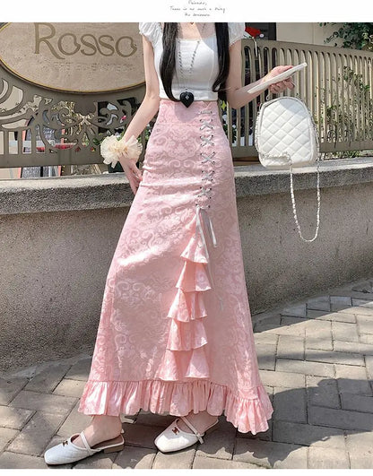 Gothic Long Skirt Punk Fishtail Tied Waist Printed Half Skirt