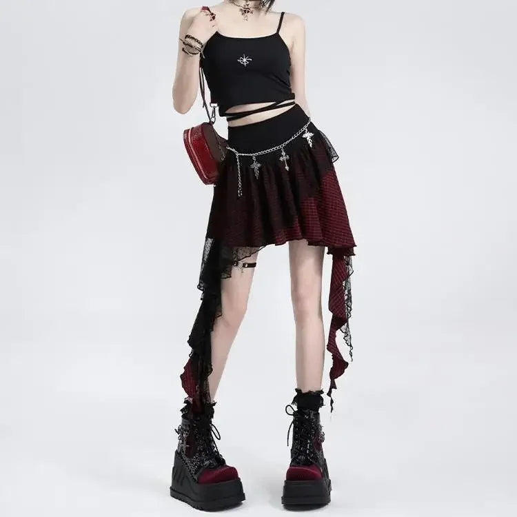 Jupe Lace Plaid Saia High Waist Irregular Mini Skirts