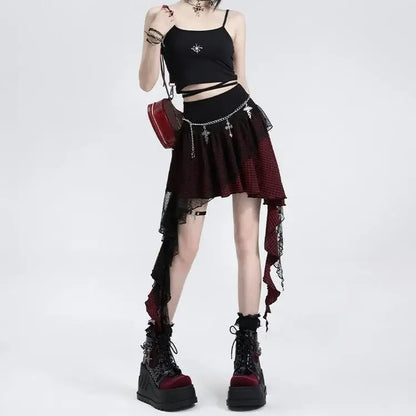 Jupe Lace Plaid Saia High Waist Irregular Mini Skirts