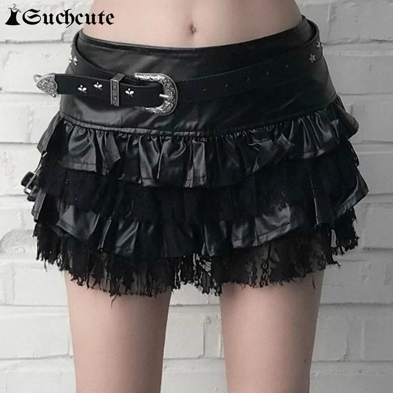 SUCHCUTE Goth Black Pu Leather Patchwork Lace Tiered Cake Mini Skirts Y2K Aesthetic 90s Lolita Skirt Women Sexy Low Waist Skirt