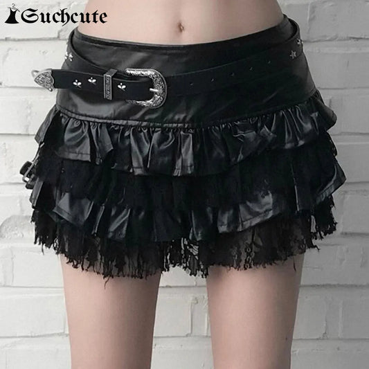 SUCHCUTE Goth Black Pu Leather Patchwork Lace Tiered Cake Mini Skirts Y2K Aesthetic 90s Lolita Skirt Women Sexy Low Waist Skirt