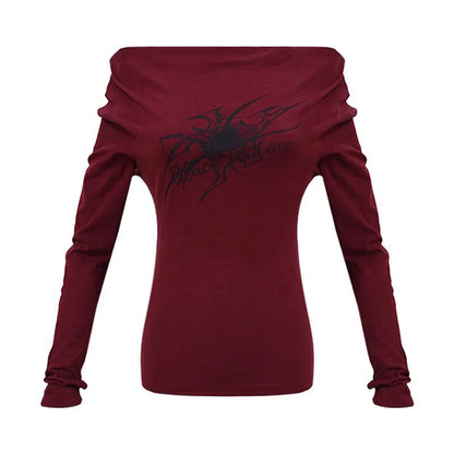 Gothic Print T-Shirts Long Sleeve Off the Shoulders Tops