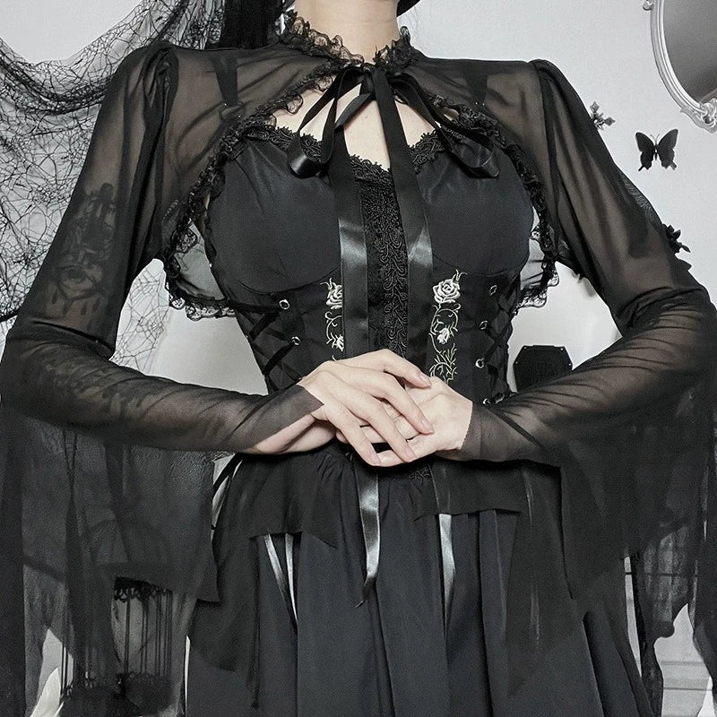 Dark Black Goth Vintage Flared Sleeve Lace Shoulder Cover