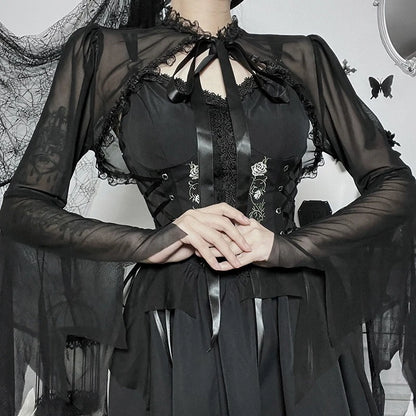 Dark Black Goth Vintage Flared Sleeve Lace Shoulder Cover