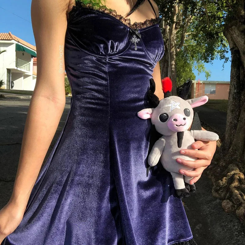Goth Purple Dress Vintage Velvet A Line Lolita Dress Aesthetic Gothic High Waist Ladies Club Party Dresses