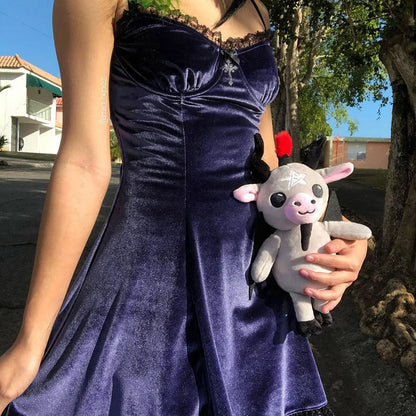 Goth Purple Dress Vintage Velvet A Line Lolita Dress Aesthetic Gothic High Waist Ladies Club Party Dresses