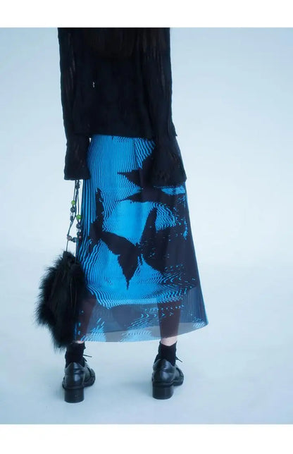 KOSAHIKI Gothic Pleated Skirts Womens Blue Saia Black Butterfly Print High Waist Skirt Woman Y2k Faldas Mujer Moda 2025 Korean