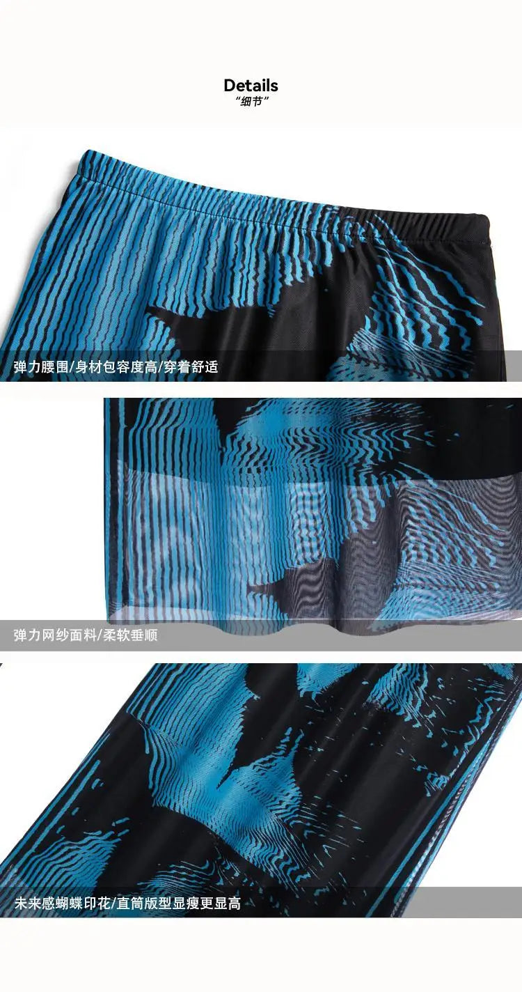 KOSAHIKI Gothic Pleated Skirts Womens Blue Saia Black Butterfly Print High Waist Skirt Woman Y2k Faldas Mujer Moda 2025 Korean