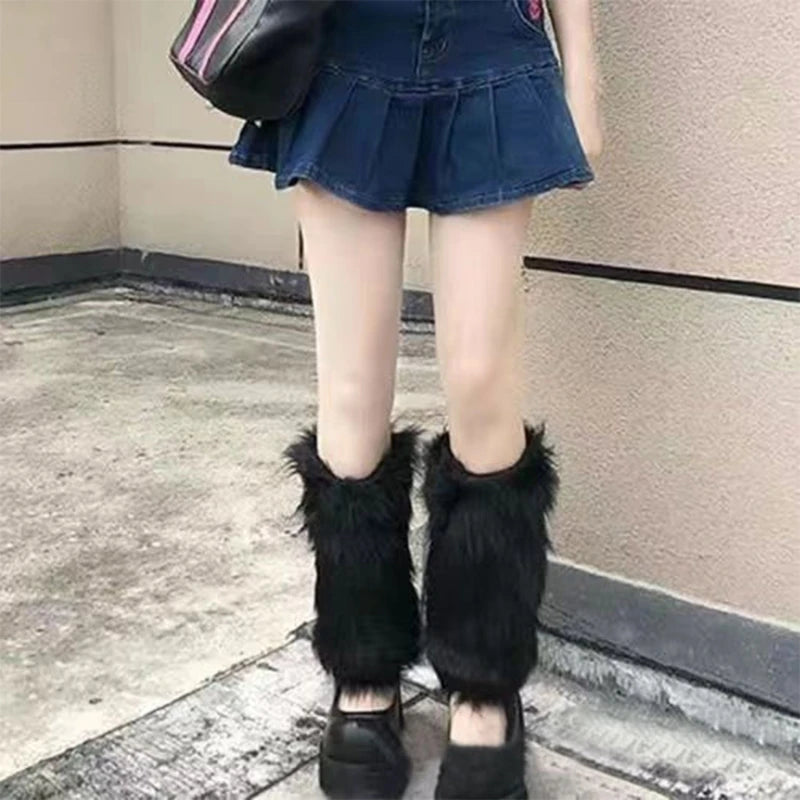Harajuku Punk Fuzzy Leg Warmers for Women Soft Thickened Plush Boot Cuffs Covers for Winter Fashion and Costume Parties