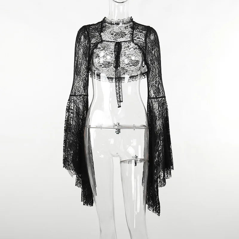 Dark Black Goth Vintage Flared Sleeve Lace Shoulder Cover