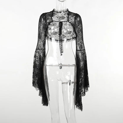 Dark Black Goth Vintage Flared Sleeve Lace Shoulder Cover