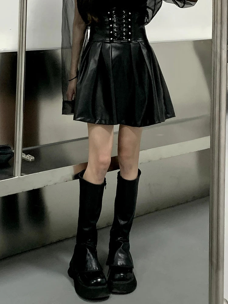 Lautaro Black Soft Pu Leather Pleated Skirt Women High Waist Goth Vintage Punk Style Luxury Designer Clothes 2025
