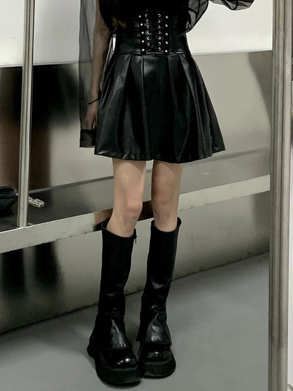 Lautaro Black Soft Pu Leather Pleated Skirt Women High Waist Goth Vintage Punk Style Luxury Designer Clothes 2025