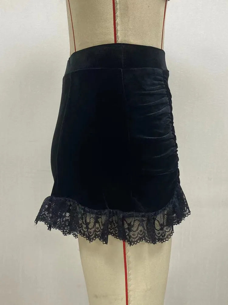 Yangelo Mall Gothic Velvet Ruched Sexy Shorts Skirts E-girl Grunge High Waist Skinny Bottoms Women Lace Hem Fall Alt Clothes