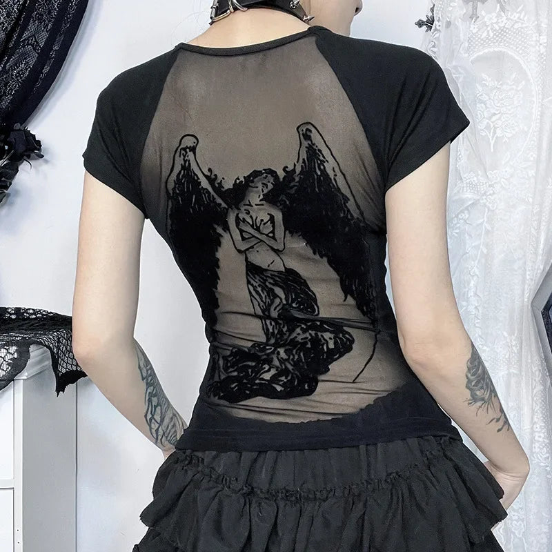 Gothic See Through Angel Graphic Print T-shirt