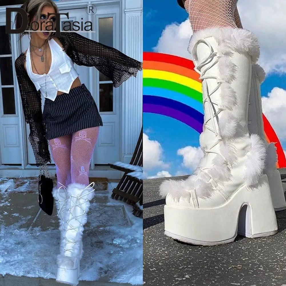 Ladies Goth Platform Boots Fashion Zip Faux Fur Chunky High Heels women's Boots Party Street Autumn Winter Woman Shoes