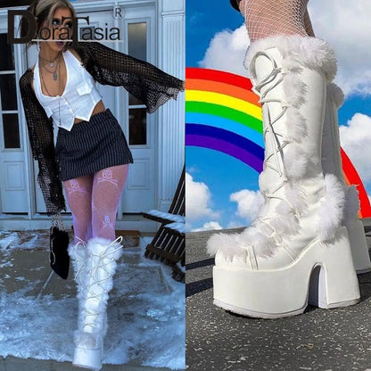 Ladies Goth Platform Boots Fashion Zip Faux Fur Chunky High Heels women's Boots Party Street Autumn Winter Woman Shoes