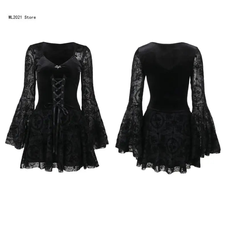 Gothic Dress Black Draped Bodycon Dresses Vintage Dark Flocking Long Skirt Party Birthday Costume for Women Girls