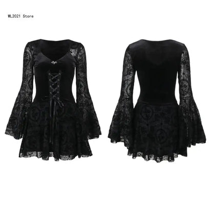 Gothic Dress Black Draped Bodycon Dresses Vintage Dark Flocking Long Skirt Party Birthday Costume for Women Girls