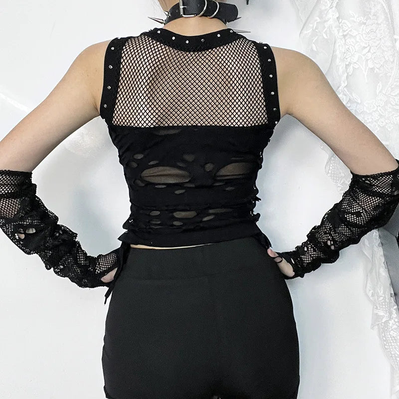 Gothic Crop Tops Tanks Trendy Camisole Fishnet Backless  Vest