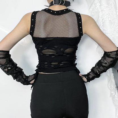 Gothic Crop Tops Tanks Trendy Camisole Fishnet Backless  Vest