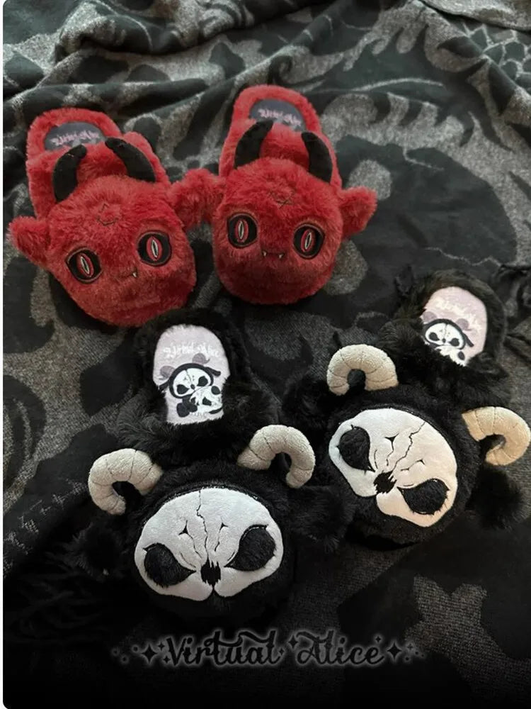 Dark Gothic Slippers Women Subculture Winter Style Flat Bottom Plush Warm Indoor Home Slippers For Women Household Slippers