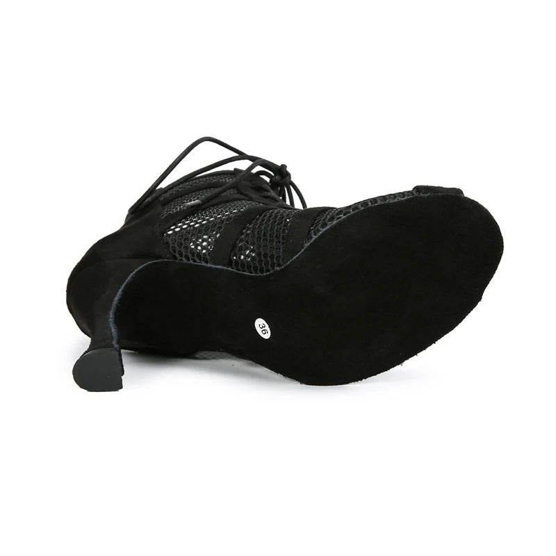Black fashionable Latin dance boots, black mesh suede zipper lace-up sexy high-heeled dance shoes