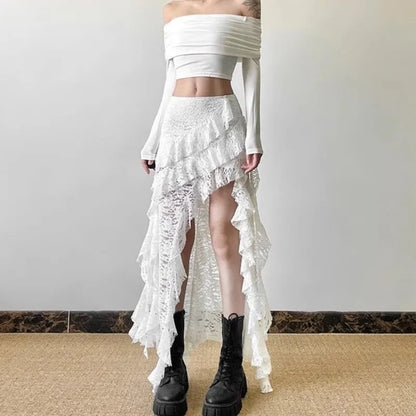 Gothic Skirt Gyaru Kpop Streetwear Lace High waist Casual Aesthetic Long Skirt Femme Hip hop Skirts