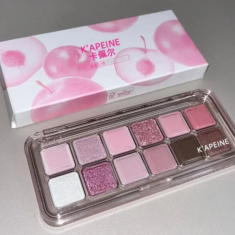 12 Colors Pink Eye Shadow Pallet Clear Glitter Pearl
