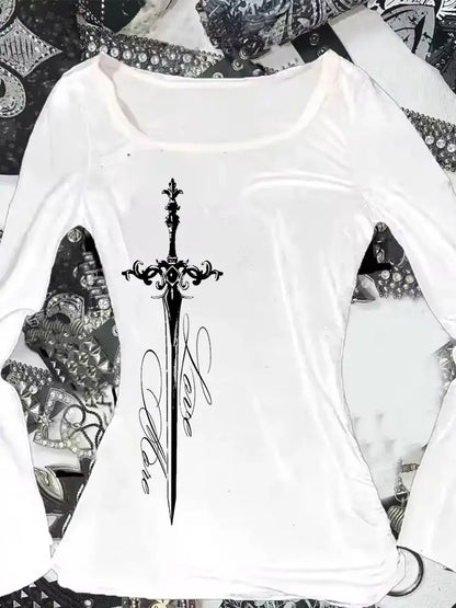 Harajuku Aesthetics Punk Letter cross Print Y2K T-shirt Hip Hop Streetwear Baby Tee Fashion Goth High Street Long sleeve Tops