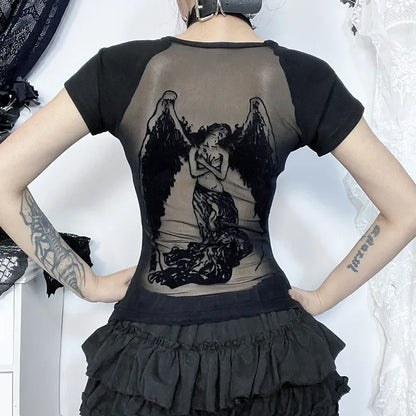 Gothic See Through Angel Graphic Print T-shirt