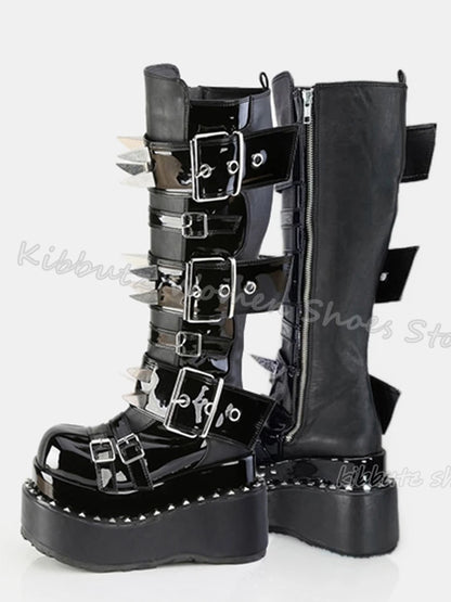 Gothic Boots Knee High Platform Punk Rock Belt Buckle Novelty Leather Thick Bottom