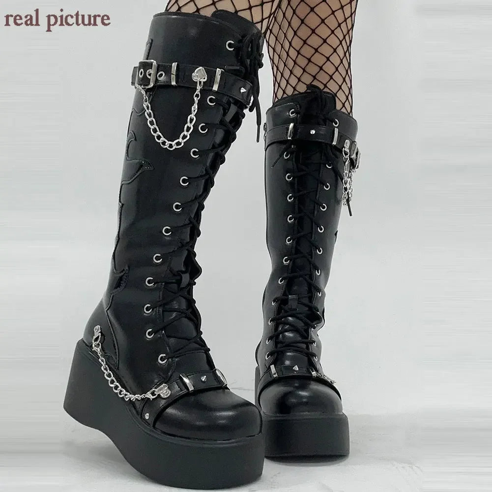 Platform brand new Design Gothic Street Women Boots Wedge High Heel Mary Janes Cosplay Dark Black Shoes For Woman Lolita Booties