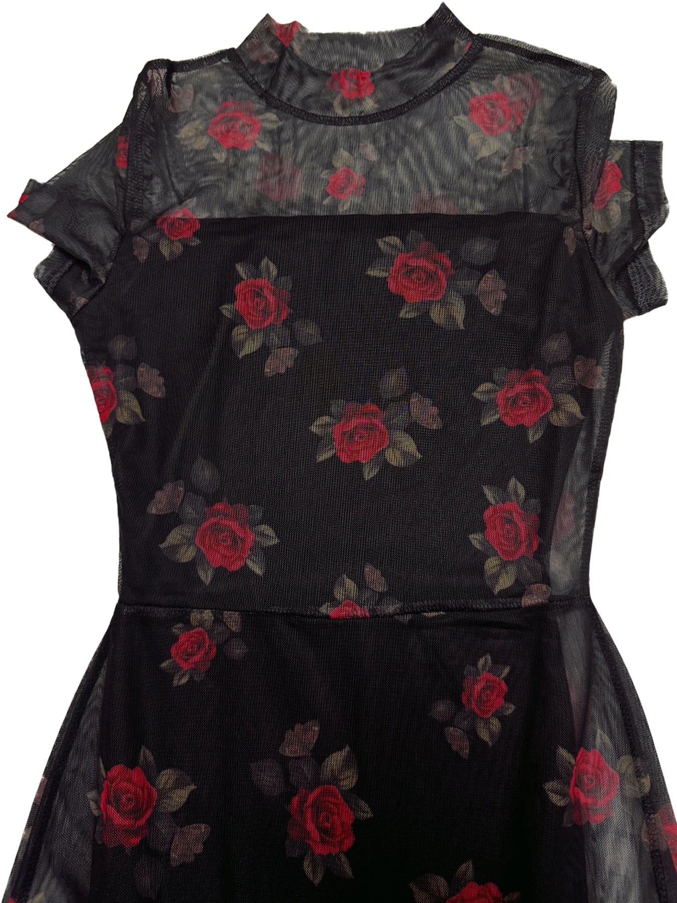 Goth Dark Elegant Fashion Florals Print Short Sleeve Mid Dress Fairy Double Layer Dresses