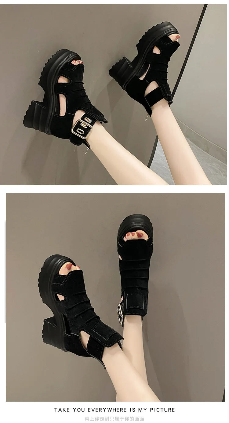 Gothic Platform Sandals Women Summer Wedges Peep Toe Gladiator Shoes Woman Thick Bottom 8cm High Heels Sandalias Mujer