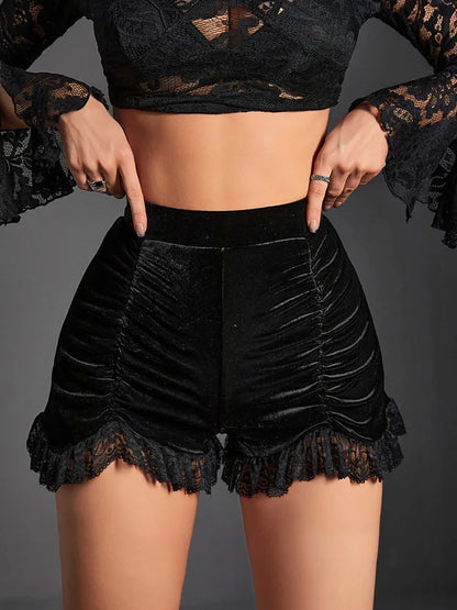 Yangelo Mall Gothic Velvet Ruched Sexy Shorts Skirts E-girl Grunge High Waist Skinny Bottoms Women Lace Hem Fall Alt Clothes