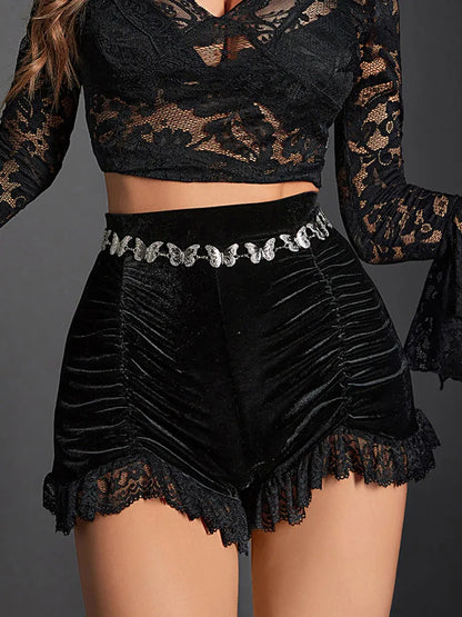 Yangelo Mall Gothic Velvet Ruched Sexy Shorts Skirts E-girl Grunge High Waist Skinny Bottoms Women Lace Hem Fall Alt Clothes