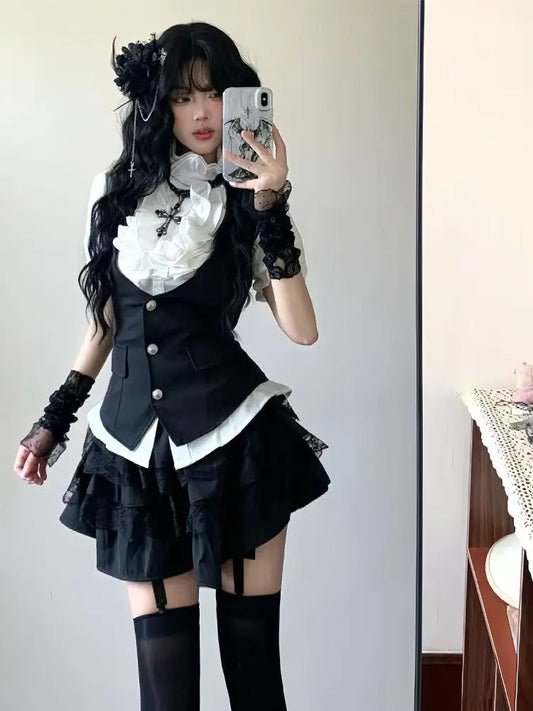 Gothic Preppy Style Design Short Sleeve 3-piece Set Women Fashion Y2k High-waist Black Short Skirt Suit Summer New Slim Outfits