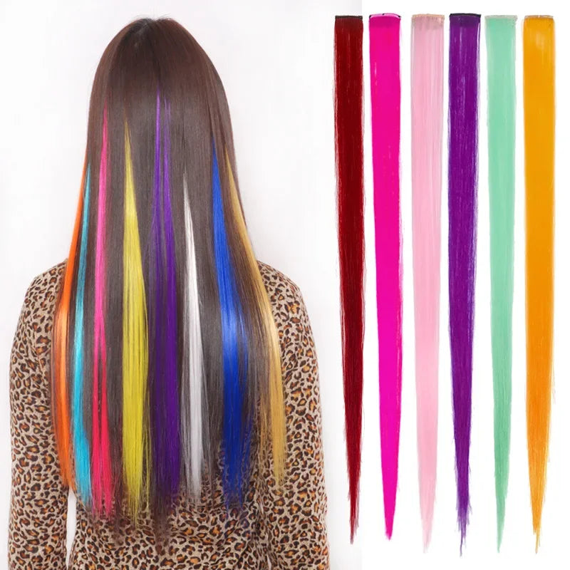 Colorful Highlight Clip in Straight Hair Extensions 50cm Synthetic Hairpieces