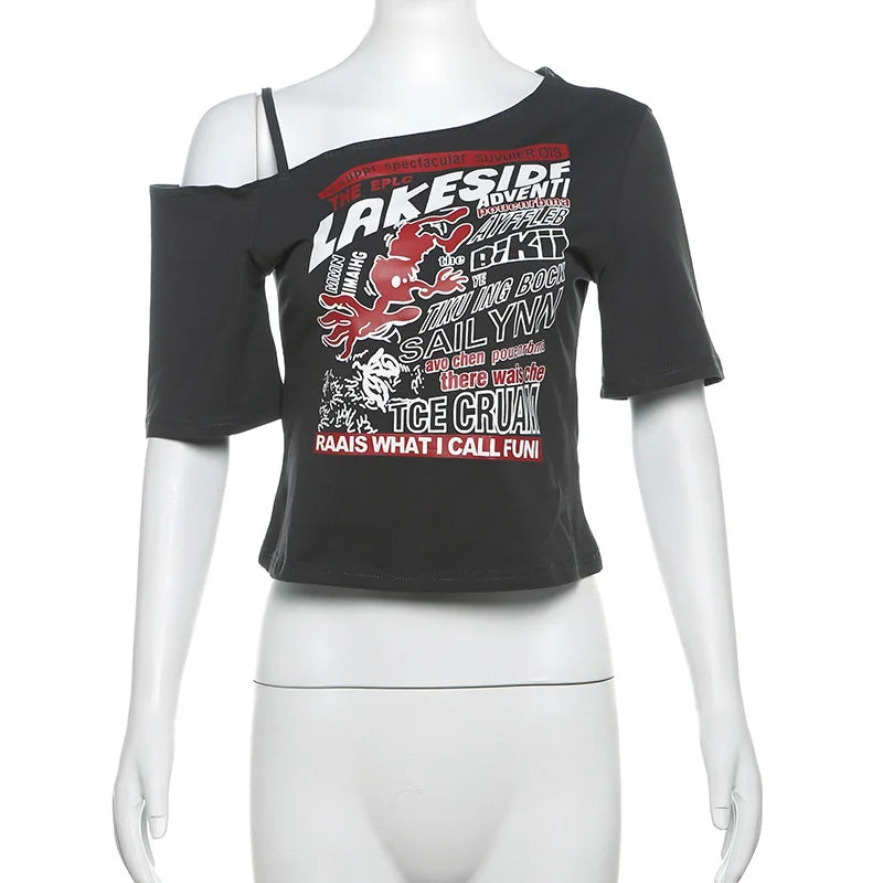Gothic Print Tee Off Shoulder