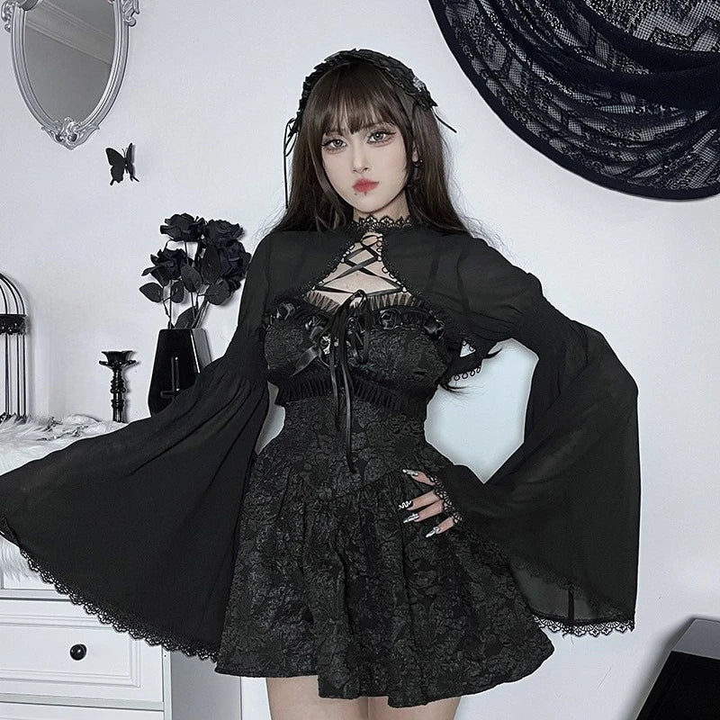 Dark Black Goth Vintage Flared Sleeve Lace Shoulder Cover