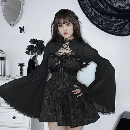Dark Black Goth Vintage Flared Sleeve Lace Shoulder Cover