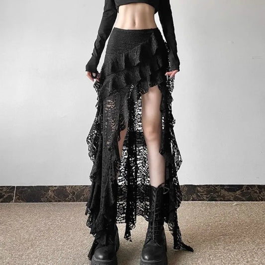Gothic Skirt Gyaru Kpop Streetwear Lace High waist Casual Aesthetic Long Skirt Femme Hip hop Skirts