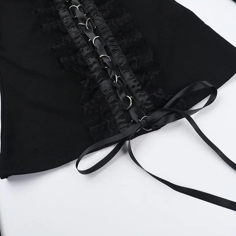 Goth Black Lace Trim Long Sleeve Vintage Lace-up Square Collar Elastic Tops with Choker Cross