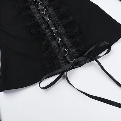 Goth Black Lace Trim Long Sleeve Vintage Lace-up Square Collar Elastic Tops with Choker Cross